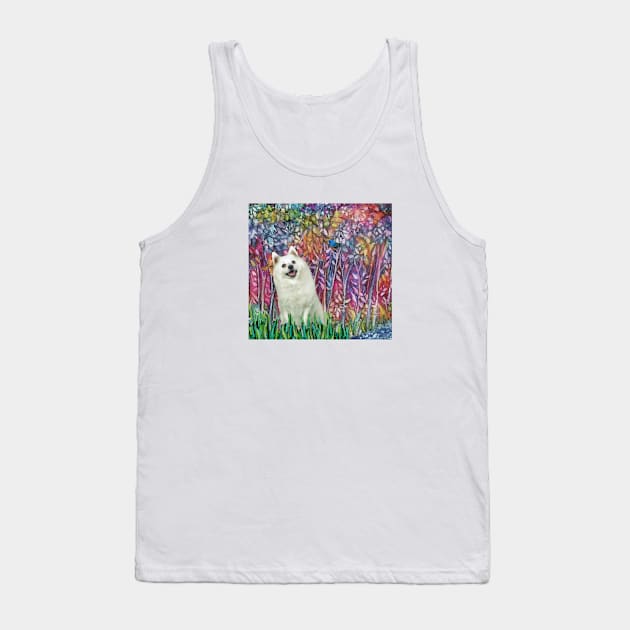 Japanese Spitz and Bluebird in "Forest in Bloom" Tank Top by Dogs Galore and More